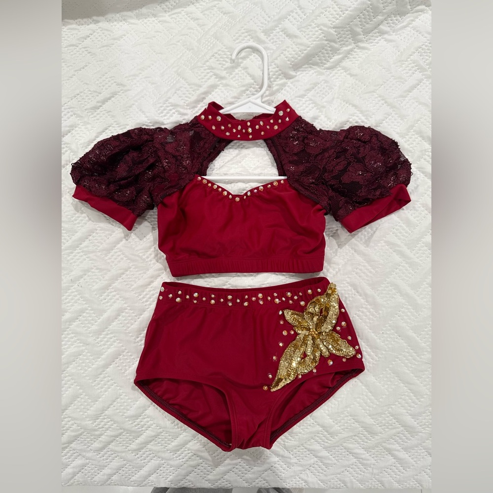 Burgundy and gold dance costume w/ puff sleeves
